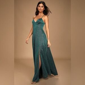 Lulus Truly Dazzling Green Multi Glitter Elegant Sleeveless Gown Size Small NEW